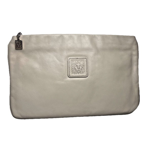 Anne Klein Leather Clutch Bag Purse Taupe Beige Vintage Designer Handbag Evening - Picture 1 of 13